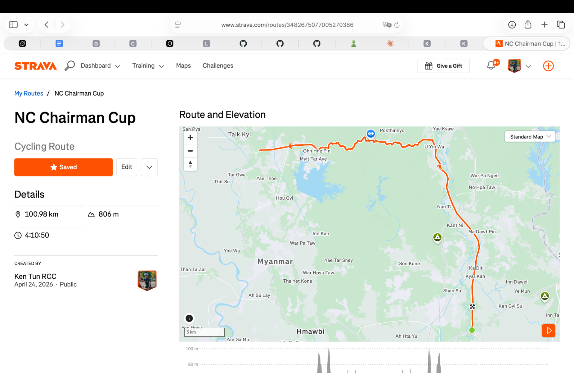 Hlegu 11 Hills Round  Road Race reference map — Hlegu 11 Hills Round  to Phukyi roundabout, 100.98 km, 806 m elevation gain